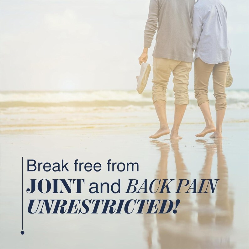 May include: Two individuals walking barefoot on a sandy beach, wearing casual shirts and trousers. The text reads: Break free from JOINT and BACK PAIN UNRESTRICTED! The scene captures a bright, outdoor coastal environment with soft lighting.