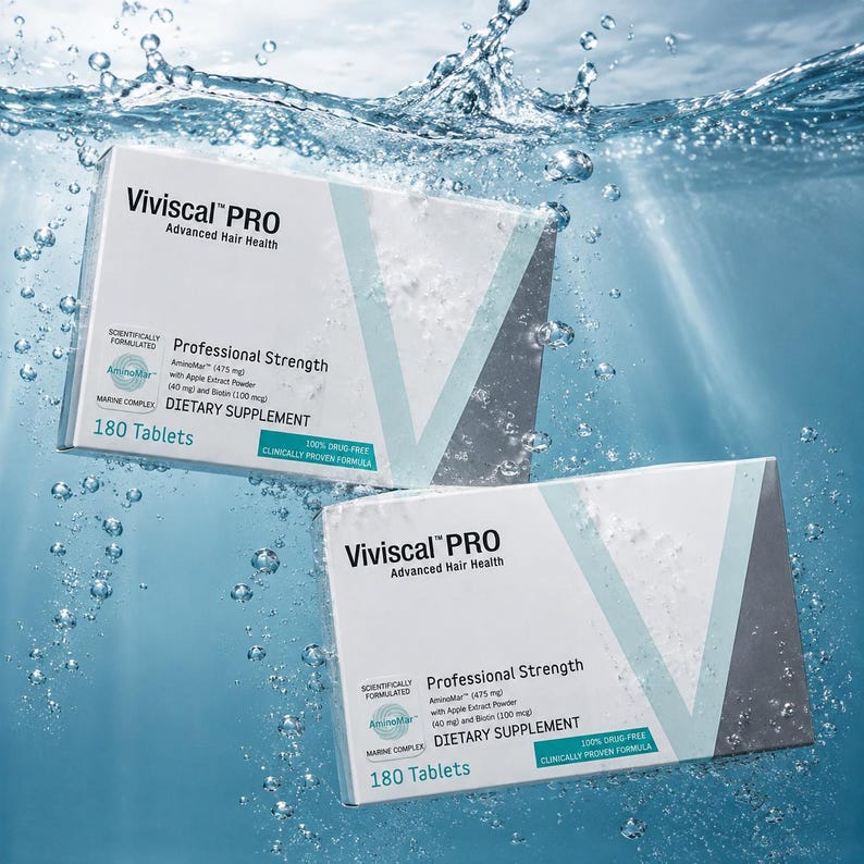 May include: Two white boxes of Viviscal PRO dietary supplements for advanced hair health are submerged in water. Each box features the text "Professional Strength" and "180 Tablets". The boxes are white with blue and gray accents.