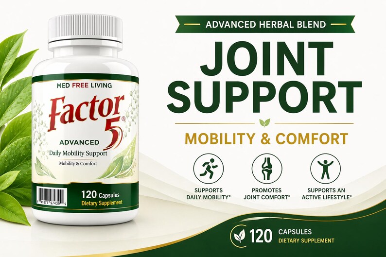 May include: A white bottle of Factor 5 Advanced Daily Mobility Support capsules. The label includes the text "Joint Support" and "Mobility & Comfort." The bottle contains 120 capsules and is a dietary supplement.