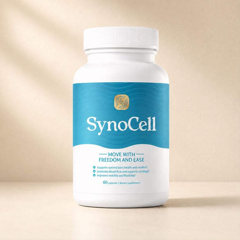 May include: A white plastic bottle of SynoCell dietary supplement with a blue label. The label features the text SynoCell, Move with Freedom and Ease, and lists 60 capsules. It includes bullet points about joint health, blood flow, and mobility.