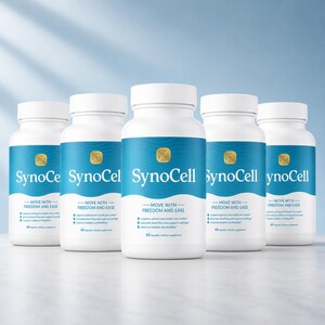 May include: Five white plastic bottles of SynoCell dietary supplement arranged in a row. Each bottle features a blue label with the text SynoCell, Move with Freedom and Ease, and 60 capsules. A gold icon is centered above the product name.