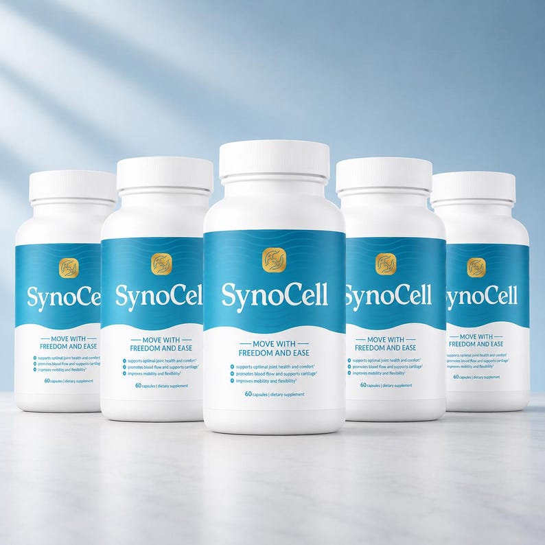 May include: Five white plastic bottles of SynoCell dietary supplement arranged in a row. Each bottle features a blue label with the text SynoCell, Move with Freedom and Ease, and 60 capsules. A gold icon is centered above the product name.