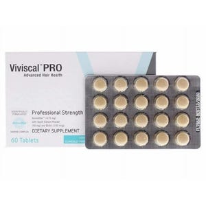 May include: A box and blister pack of Viviscal PRO dietary supplement tablets. The box is white with blue accents and text. The blister pack contains beige, round tablets. The text on the box reads "Advanced Hair Health" and "Professional Strength".