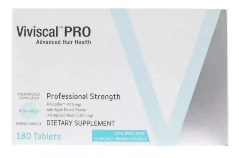 May include: A white box of Viviscal PRO dietary supplements for advanced hair health. The box features the text "Viviscal PRO" in large, dark gray letters, along with details about the product's ingredients and the number of tablets, 180.