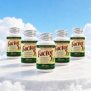May include: Six white supplement bottles with green and yellow labels are arranged on a white surface against a blue sky with clouds. The labels read "Factor 5 Advanced Joint Support" and contain 120 capsules.