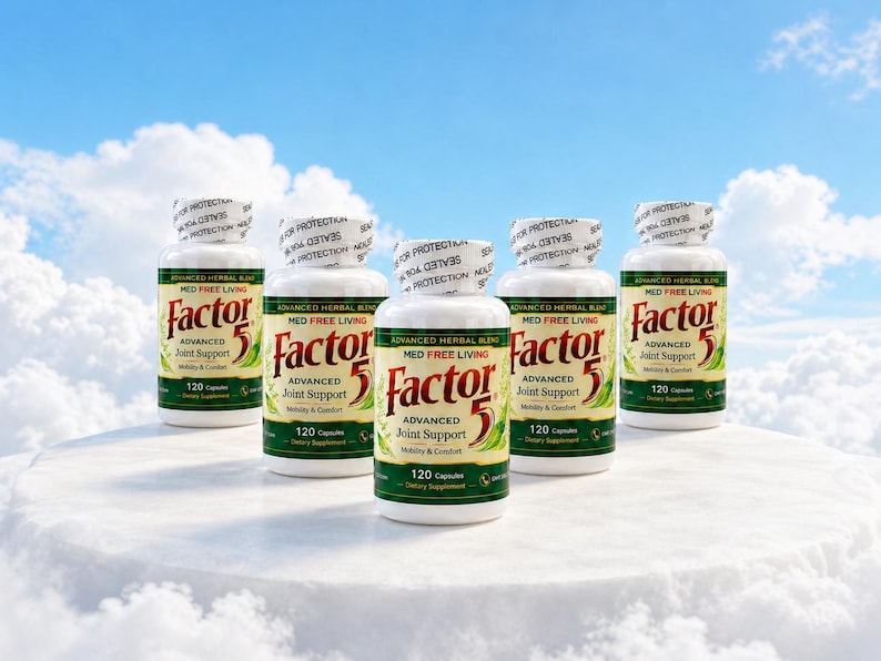 May include: Six white supplement bottles with green and yellow labels are arranged on a white surface against a blue sky with clouds. The labels read "Factor 5 Advanced Joint Support" and contain 120 capsules.