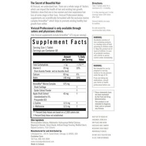 May include: Supplement facts label for Viviscal Professional dietary supplements. The label details serving size, ingredients, and daily values, including Vitamin C, Calcium, and Biotin. The product is designed to promote healthy hair growth.