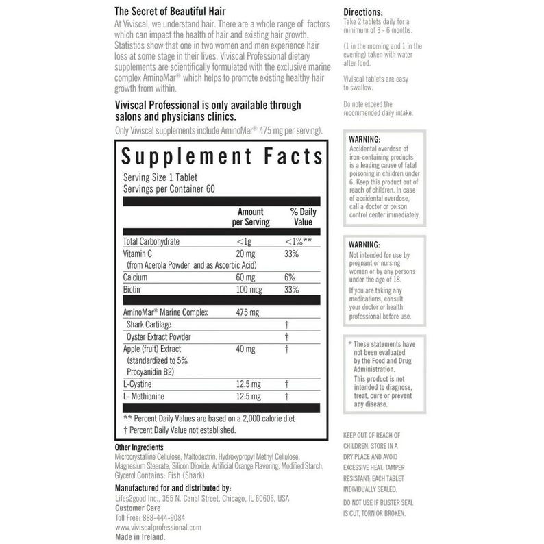 May include: Supplement facts label for Viviscal Professional dietary supplements. The label details serving size, ingredients, and daily values, including Vitamin C, Calcium, and Biotin. The product is designed to promote healthy hair growth.