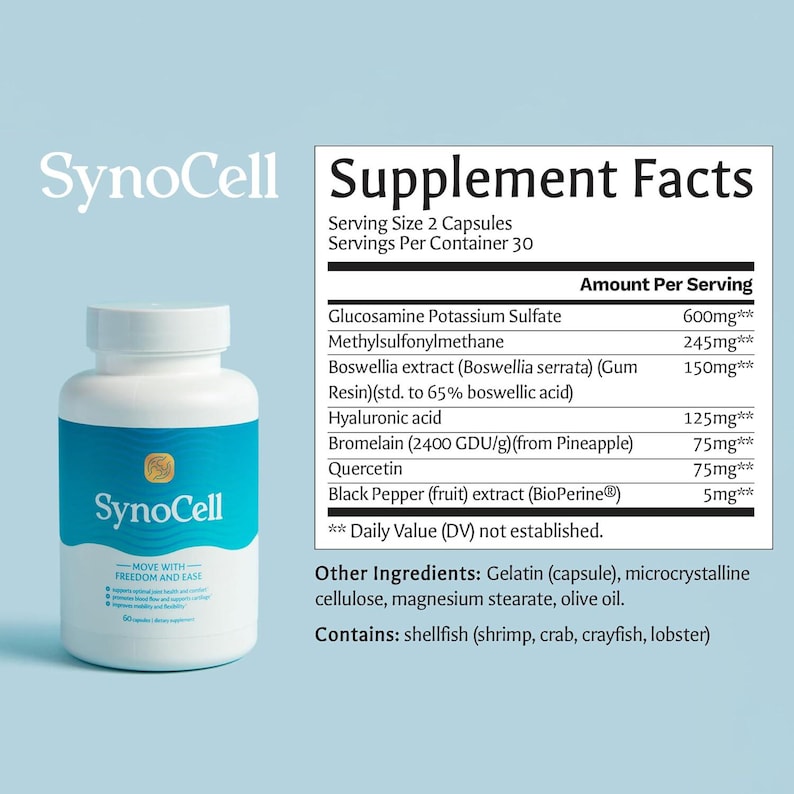 May include: A white plastic bottle of SynoCell dietary supplement capsules with a blue label featuring the text Move With Freedom and Ease. Next to the bottle is a Supplement Facts table listing ingredients like Glucosamine and Hyaluronic acid.