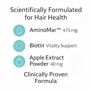 May include: White background with text: "Scientifically Formulated for Hair Health." Includes "AminoMar&trade; 475 mg," "Biotin Vitality Support," and "Apple Extract Powder 40 mg." The text "Clinically Proven Formula" is also present.