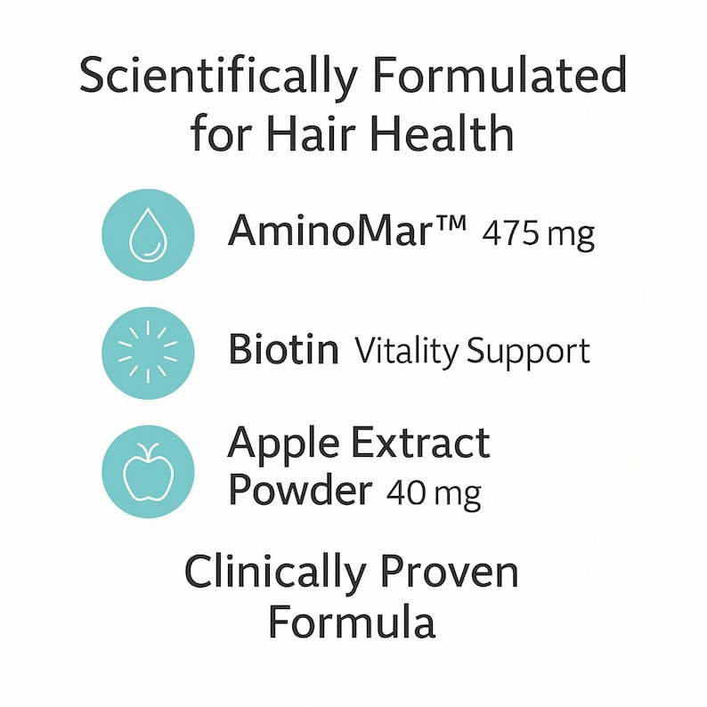 May include: White background with text: "Scientifically Formulated for Hair Health." Includes "AminoMar&trade; 475 mg," "Biotin Vitality Support," and "Apple Extract Powder 40 mg." The text "Clinically Proven Formula" is also present.