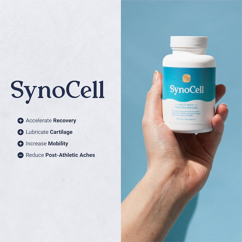 May include: A white plastic supplement bottle labeled SynoCell with a blue and white design. The label text reads Move with Freedom and Ease, Accelerate Recovery, Lubricate Cartilage, Increase Mobility, and Reduce Post-Athletic Aches.