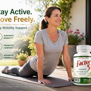 May include: A woman doing yoga next to a bottle of Factor 5 Advanced Daily Mobility Support. The bottle is white with red and green text. The image includes the text "Stay Active. Move Freely."