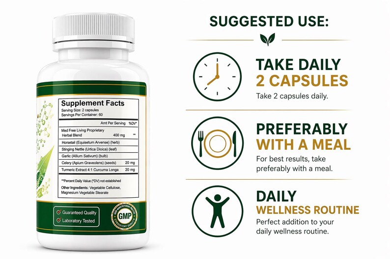 May include: A white supplement bottle with a green and gold label. The label lists ingredients and supplement facts. The bottle is shown with text that says "Take daily 2 capsules" and "Preferably with a meal".