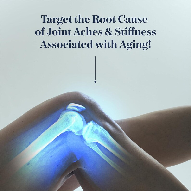May include: A graphic showing a human knee with a glowing blue skeletal structure overlay. The text above reads: Target the Root Cause of Joint Aches & Stiffness Associated with Aging! A thin vertical line connects the text to the knee joint.