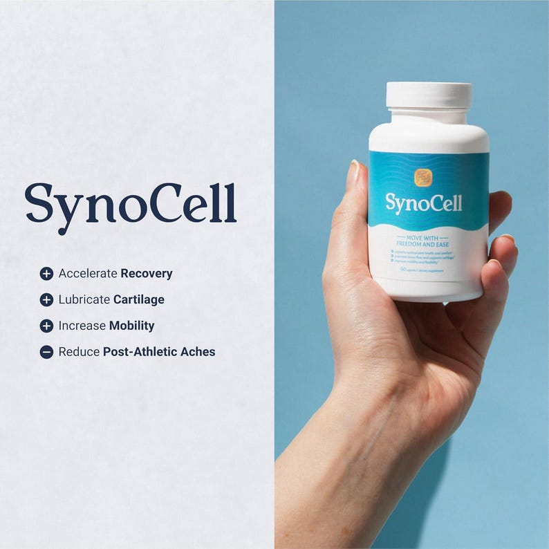 May include: A white plastic supplement bottle labeled SynoCell with a blue and white design. The label text reads Move with Freedom and Ease, Accelerate Recovery, Lubricate Cartilage, Increase Mobility, and Reduce Post-Athletic Aches.