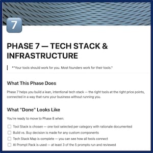 May include: A digital document titled "PHASE 7 - TECH STACK & INFRASTRUCTURE" with the number 7 in a blue box. The text describes building a lean tech stack, including tool selection and a tech stack map.