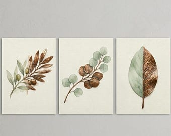 Conjunto de láminas botánicas para pared, estampados de ramas de olivo en verde salvia y cobre (descarga digital)