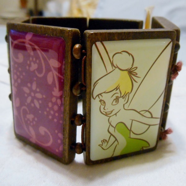 Vintage Walt Disney Presents Sassy & Sweet TinkerBell Wooden Panel Bracelet with Ceramic/ Shiny Plastic Panels ~ 1990s