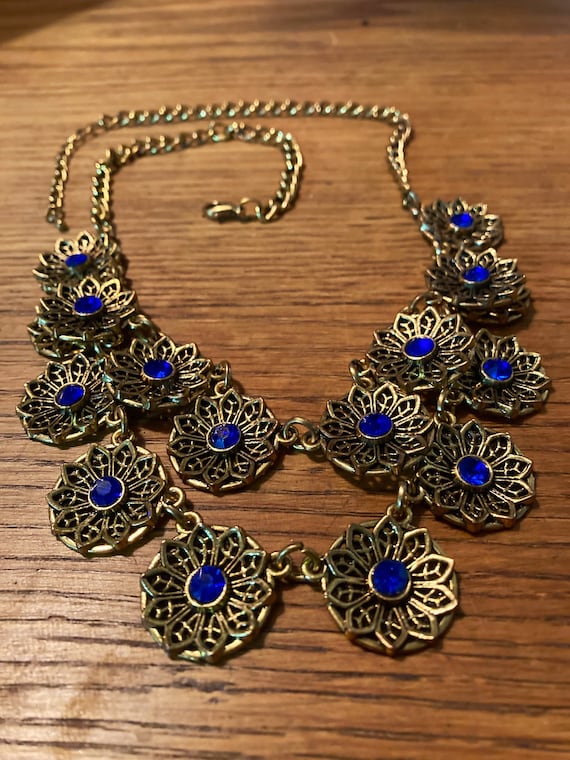 Vintage Sapphire Blue Crystal and Filigreed Brass… - image 1