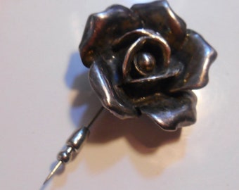 Amazing Art Deco German Antique Hand Cast Sterling Silver Rose Floral Sculpted Stick Pin ~ Unique