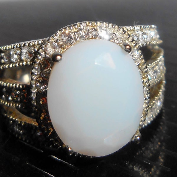 Enchanting Sparkling 1980s Ring ~  Genuine Vintage Firey White Opal with White Topaz Accents Ring in 925 Silver