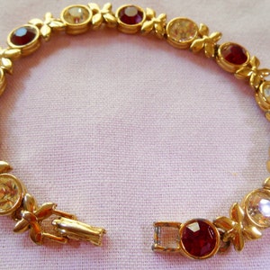 Vintage 1970s XOXO Ruby & Clear Mirrored Crystal Gold Washed Bracelet ~ Sparkly!