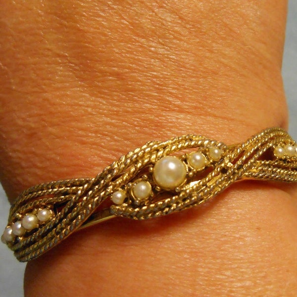 Vintage Pauline Rader Twisted Rope Gold and Pearl Bangle Bracelet w. Safety Chain ~ Signed