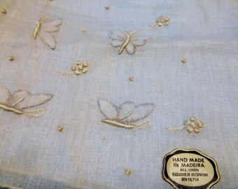 Vintage Fine White Linen Wedding Hankie with Butterfly Embroidery Applique & French  Knotting Made in  Madeira 1940's