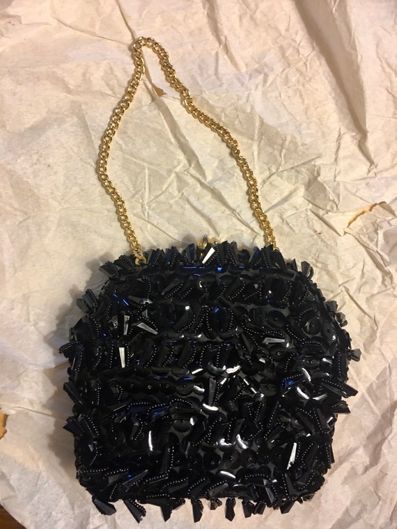 Stunning and Fun Vintage Black Beaded Evening Bag 
