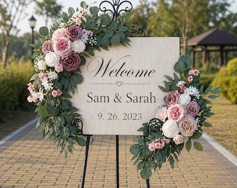 Wedding Arch Flowers Set of 2 Artificial Rose Floral Corner Arrangement Wedding Welcome Sign Decor Blush Pink Eucalyptus Boho Wedding