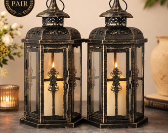 Set of 2 Vintage Metal Lantern Candle Holders Rustic Hanging Lantern Pair Farmhouse Wedding Table Decor Nordic Home Decoration