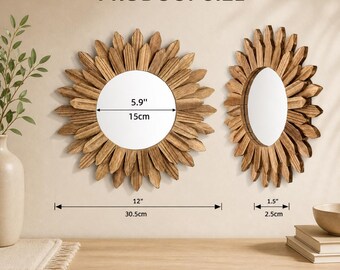 Espejo de pared de madera con diseño de rayos de sol estilo bohemio, pequeño espejo decorativo para pared, decoración rústica para dormitorio y sala de estar.