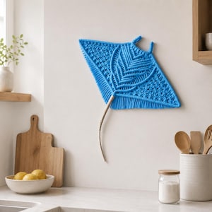 May include: A blue macrame stingray wall hanging. The handmade art piece features a detailed woven design with fringe along the edges and a long, textured tail. The stingray is mounted on a white wall, adding a coastal touch to the decor.