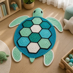 May include: A handmade, crochet turtle rug in shades of blue, green, and white. The rug features a round body with a geometric pattern, four flipper-shaped appendages, and a turtle head. The rug is designed for a child's room.