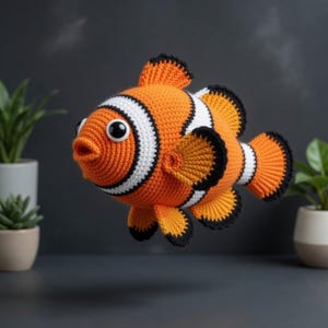 Puede incluir: Un pez payaso tejido a ganchillo en naranja brillante, blanco y negro. El pez hecho a mano presenta ojos grandes y expresivos y aletas detalladas. El pez es un artículo decorativo caprichoso, ideal para una habitación infantil.