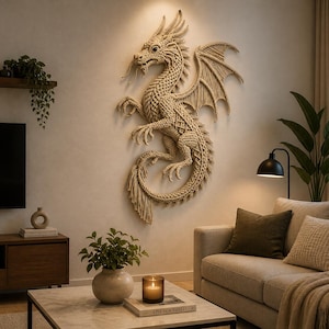 May include: A large, beige macrame dragon wall hanging with detailed wings, claws, and a long tail. The dragon is mounted on a neutral-toned wall, adding a unique decorative element to a living room setting.