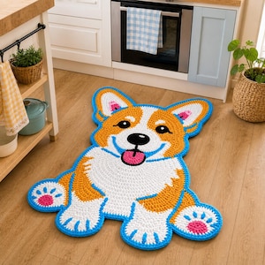 以下が含まれることがあります： コーギー犬の形をした手作りのかぎ針編みラグ。ラグは白い体、オレンジ色の耳とアクセント、青いアウトラインが特徴です。犬の顔には黒い目、ピンクの舌、ピンクの足パッドがあります。ラグは木の床に置かれています。