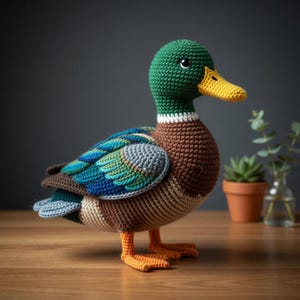 May include: A handmade crochet duck with a green head, brown body, and blue and teal wings. The duck has an orange beak and feet. It is sitting on a wooden surface. The duck is a decorative item.