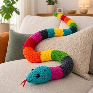 Può includere: Un cuscino a forma di serpente all'uncinetto dai colori dell'arcobaleno: rosso, arancione, giallo, verde, blu e rosa. Il serpente ha occhi neri e una lingua rossa. Il peluche è su un divano beige.
