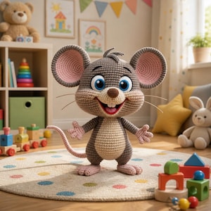 Könnte beinhalten: Ein gehäkeltes Mausspielzeug mit großen, rosa gefütterten Ohren, blauen Augen und einem lächelnden roten Mund. Die Maus ist grau und beige und steht auf einem gepunkteten Teppich. Andere Spielsachen und ein Teddybär sind im Hintergrund.