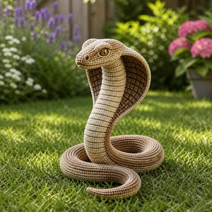 Op de afbeelding: Een gehaakte cobra slang in tinten beige en bruin, rechtop geplaatst op groen gras. De kap van de slang is gespreid en zijn ogen zijn zichtbaar. De achtergrond omvat groen gebladerte en bloemen.