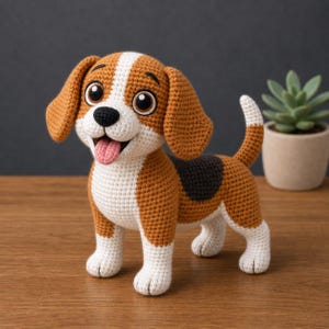 May include: A crocheted beagle dog figurine with a happy expression. The dog has brown, white, and black markings, with a pink tongue and large, expressive eyes. The ears are floppy, and the tail is curled. The dog is standing on four white legs.