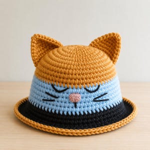 May include: A handmade crochet hat in the shape of a cat's face. The hat features a tan top with matching ears, a light blue mid-section, and a black brim. The cat face has black whiskers and closed eyes, with a pink nose.
