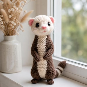 Puede incluir: Un peluche de hurón hecho a mano con ganchillo. El hurón tiene la cabeza y el vientre de color crema, con pelaje marrón en la espalda y las patas. Tiene orejas y nariz rosas y ojos negros. El hurón está de pie sobre una superficie blanca.