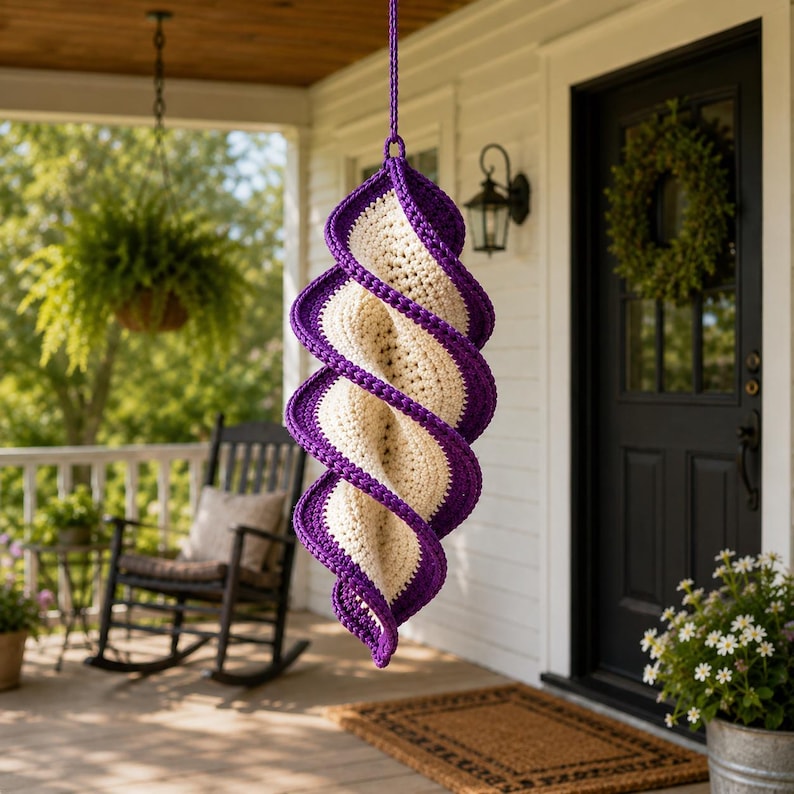 May include: A hanging, spiral-shaped crochet decoration with a cream-colored center and a vibrant purple border. The decorative piece is suspended from a purple cord and hangs on a porch. A rocking chair and hanging fern are visible in the background.