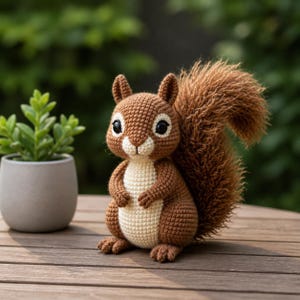 May include: A crocheted squirrel figurine with a fluffy tail. The squirrel is primarily brown with a cream-colored belly and a detailed face with black eyes. It is sitting on a wooden surface, with a small potted plant visible in the background.
