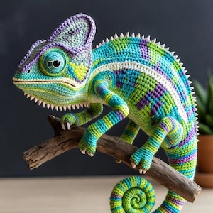 May include: A handcrafted crochet chameleon in vibrant colors of teal, green, purple, and yellow, perched on a wooden branch. The detailed reptile features a curled tail and textured skin, showcasing the artistry of the crochet work. The chameleon is a unique decorative item.
