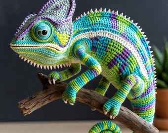 Gehaakt kameleonpatroon pdf, tutorial amigurumi hagedis, kleurrijk reptiel pluche, realistisch gekkospeelgoed, DIY gehaakt dierenpatroon