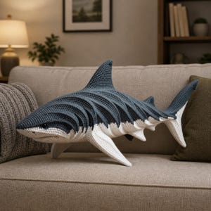 Puede incluir: Un gran cojín de tiburón tejido a mano en tonos azules y blancos. El tiburón presenta costuras detalladas, una aleta dorsal y una forma realista. Está apoyado sobre un sofá beige, mostrando su tamaño y textura.